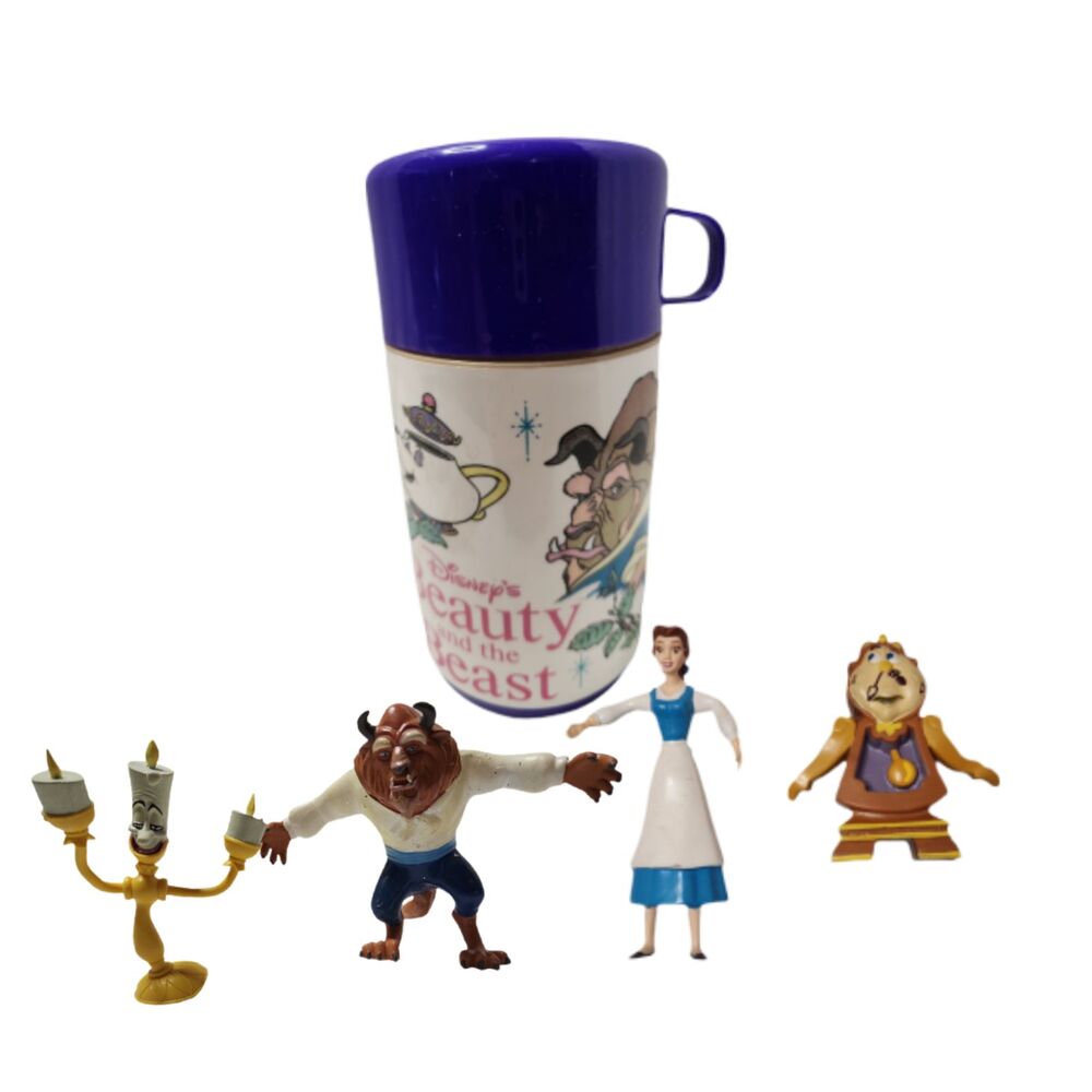 1990s Disney Beauty & the Beast Thermos + 4 Figurines Vintage Bundle